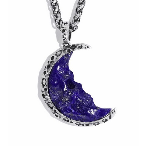 Necklace of 1.3" Lapis Lazuli Hand Carved Crystal Skull Pendant, Skull Jewelry