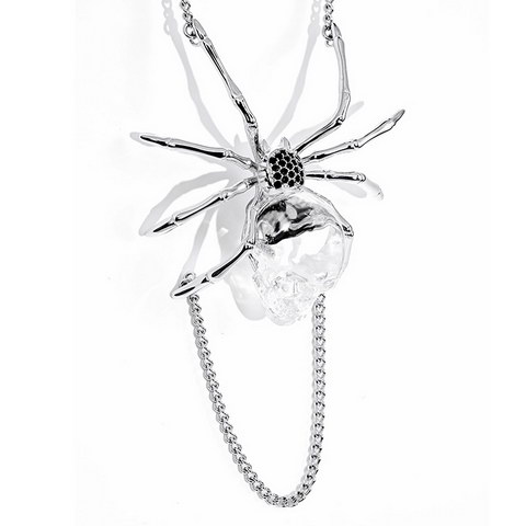 Necklace of 1.9" Quartz Rock Crystal Hand Carved Crystal Skull Pendant with 925 Sterling Silver Spider, Skull Jewelry