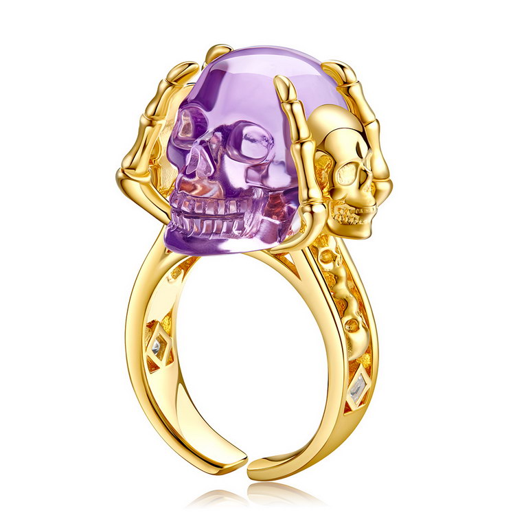 Gemstone Amethyst Hand Carved Crystal Skull Ring, Skull Jewelry