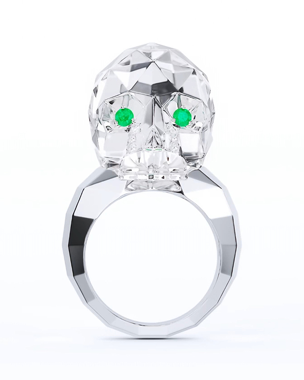 Quartz Rock Crystal Hand Carved Crystal Skull Ring with Tsavorite Eyes, Skull Jewelry