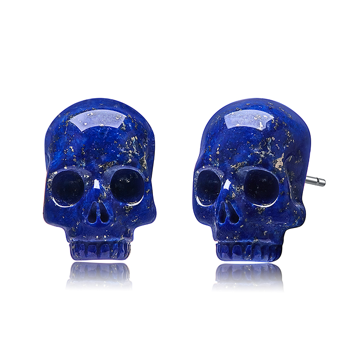Gemstone Lapis Lazuli Hand Carved Crystal Skull Earring, Skull Jewelry