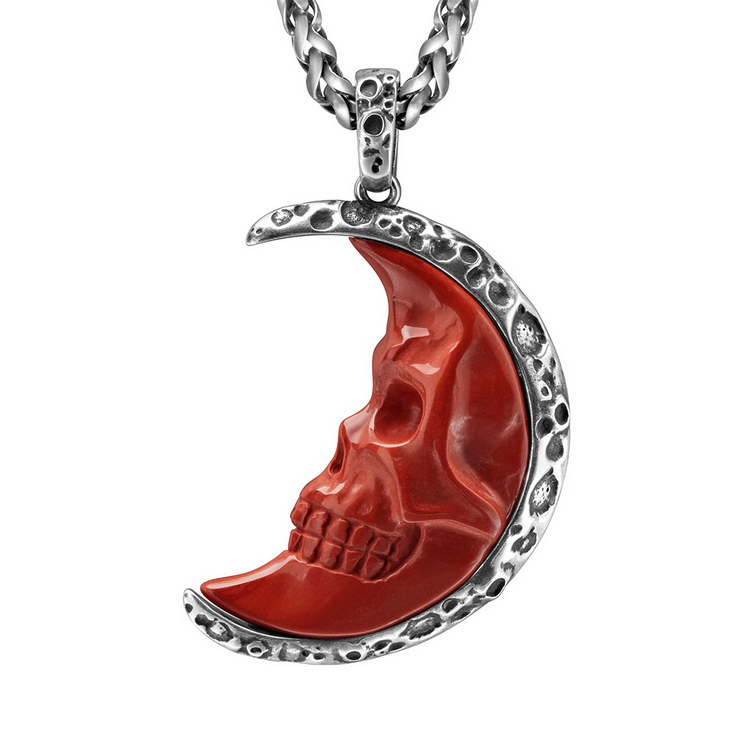 Necklace of 1.3" Red Jasper Hand Carved Moon Crystal Skull Pendant, Skull Jewelry