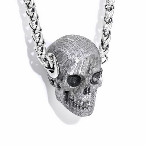 Necklace of 0.8" Sweden Meteorite Hand Carved Crystal Skull Pendant, Skull Jewelry
