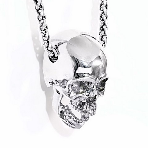 Necklace of 1.1" Silver Hand Carved Crystal Skull Pendant, Skull Jewelry