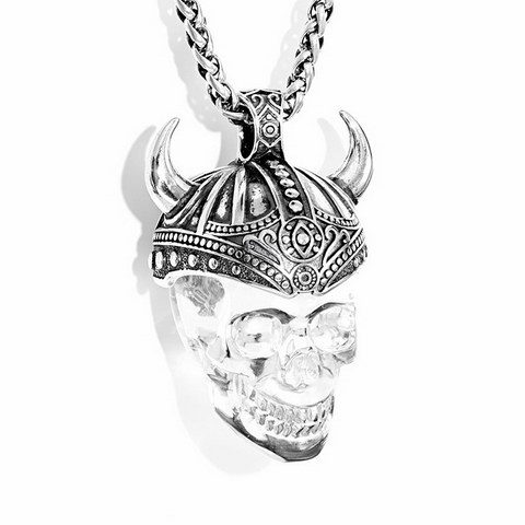 Necklace of 1.3" Quartz Rock Crystal Hand Carved Viking Crystal Skull Pendant, Skull Jewelry