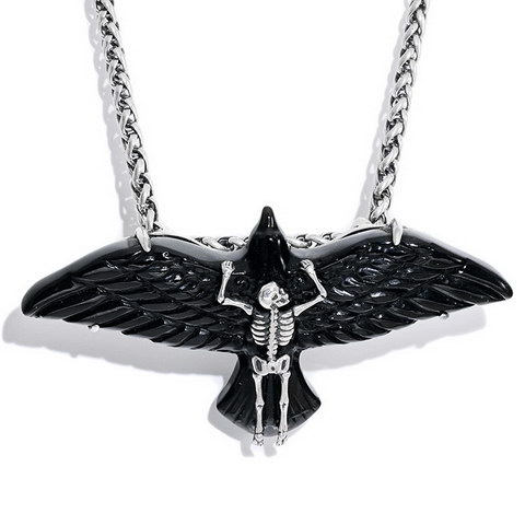 Necklace of 2.5" Black Obsidian Hand Carved Crystal Eagle & 925 Sterling Silver Skeleton Frame