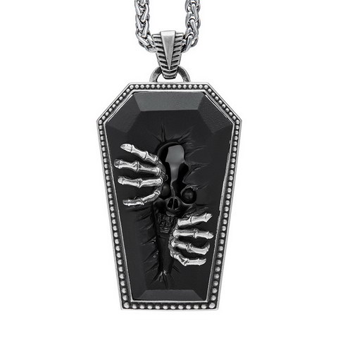 Necklace of 2.1" Black Obsidian Hand Carved Crystal Skull & 925 Sterling Silver Pharaoh’s Coffin