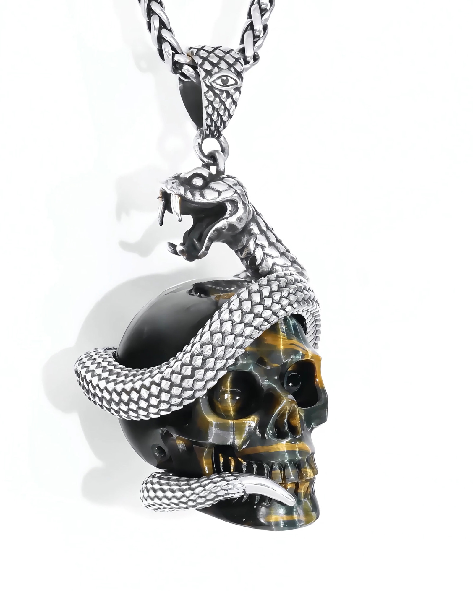 Gemstone Necklace of 1.5" Blue & Gold Tiger's Eye Hand Carved Crystal Skull Pendant, Skull Jewelry