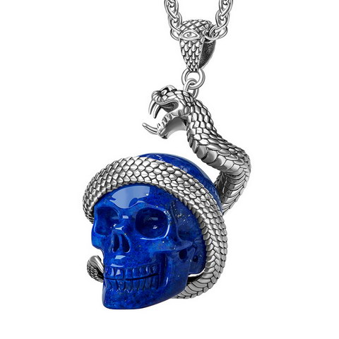 Gemstone Necklace of 1.5" Lapis Lazuli Hand Carved Crystal Skull Pendant, Skull Jewelry