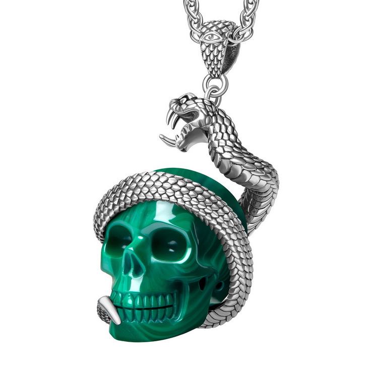Necklace of 1.5" Malachite Hand Carved Crystal Skull and Silver Snake Pendant, Skull Jewelry