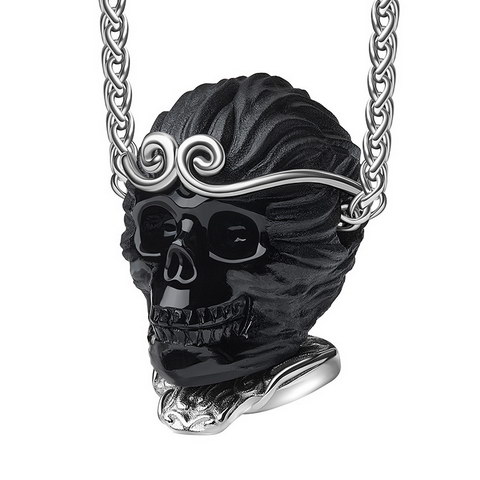 Necklace of 1.1" Black Obsidian Hand Carved Monkey King Wukong Crystal Skull Pendant, Skull Jewelry
