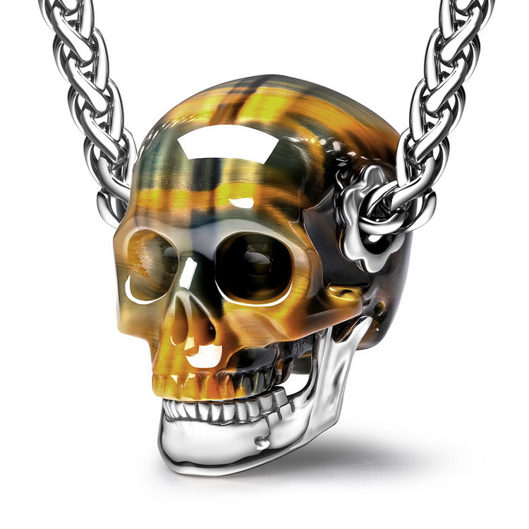 Gemstone Necklace of 0.9" Blue & Gold Tiger's Eye Hand Carved Crystal Skull Pendant, Skull Jewelry