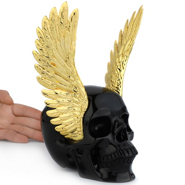 7.3" Black Obsidian Hand Carved Crystal Skull and 18K Gold Plated Cooper Wings Sculpture, Crystal Healing