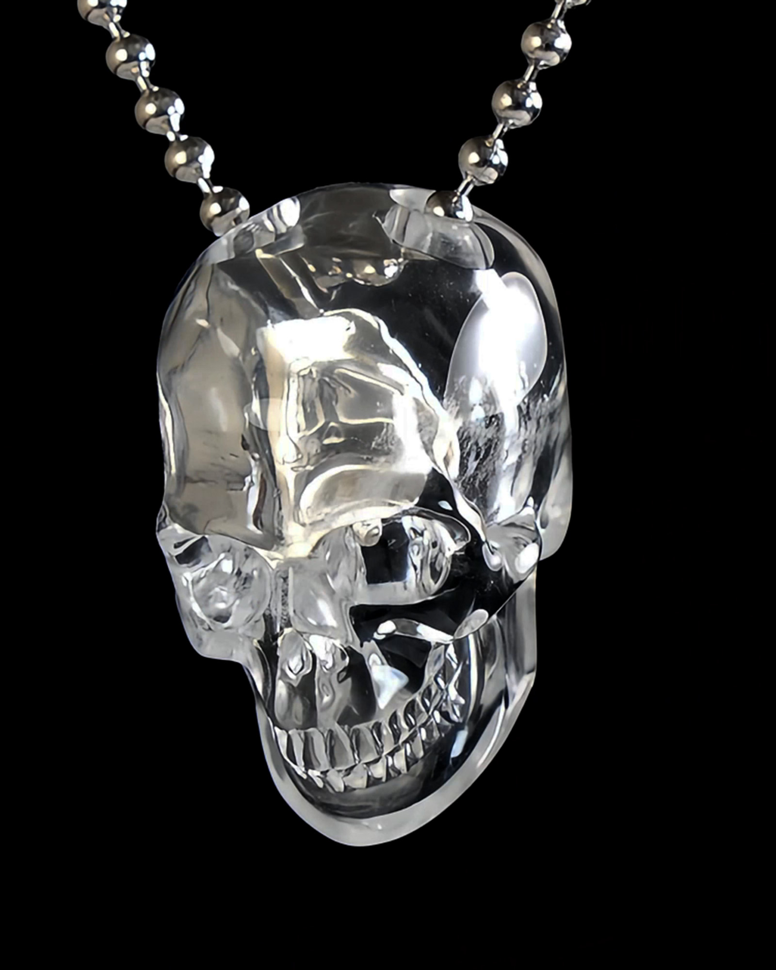 Necklace of 1.4" Quartz Rock Crystal Hand Carved Crystal Skull Pendant, Skull Jewelry