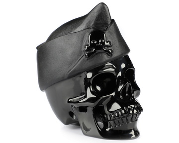5.1" Black Obsidian Hand Carved Crystal Skull and Navy Cap Fine Art Sculpture, Crystal Healing