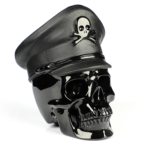 5.0" Black Obsidian Hand Carved Crystal Skull and Navy Cap Fine Art Sculpture, Crystal Healing