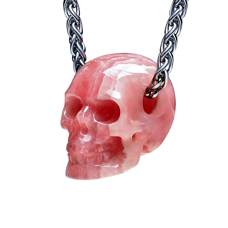 Minimalist Skull Pendant 0.6" Rhodochrosite Hand Carved Crystal Skull Pendant, Crystal Healing Skull Jewelry, for Women & Men