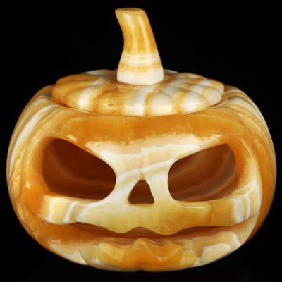4.1" Beeswax Jade Hand Carved Hollow Jack-O'-Lantern Pumpkin Crystal Skull Sculpture, Crystal Healing