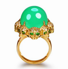 Chrysoprase With Diamond & Tsavorite in 18K Gold Skull Ring Skullis Exclusive