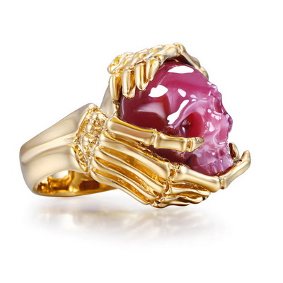 Remember Forever - Ring of Ruby Hand Carved Crystal Skull Ring in 18k Gold, Skull Jewelry