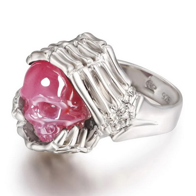 Remember Forever - Ring of Ruby Hand Carved Crystal Skull Ring in 925 Silver, Skull Jewelry