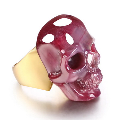 Ruby Hand Carved Crystal Skull Ring, Skull Jewelry