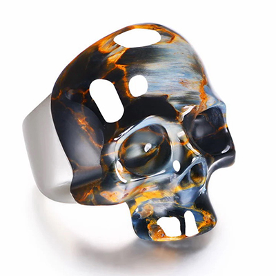 Pietersite Hand Carved Crystal Skull Ring, Skull Jewelry