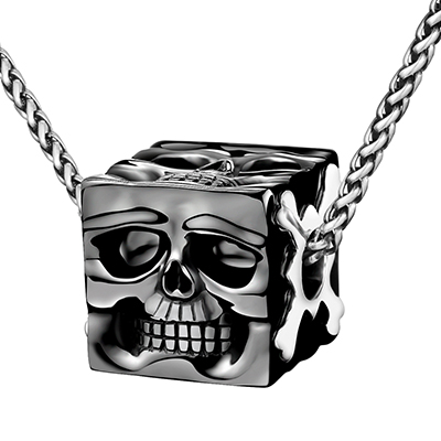 Gem Skull Pendant Necklace of Black Obsidian Carved Cube with Four Skull Faces in 925 Sterling Silver