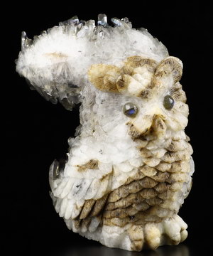 Rainbow Aura 4.0" Quartz Rock Crystal Carved Crystal Owl Sculpture