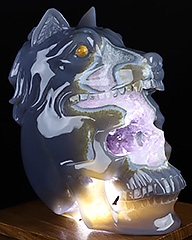 AWESOME 6.5" Agate Amethyst Geode Carved Crystal Skull & Wolf, Crystal Healing