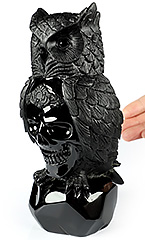 7.9" Black Obsidian Hand Carved Crystal Skull and Owl Fine Art Sculpture, Crystal Healing