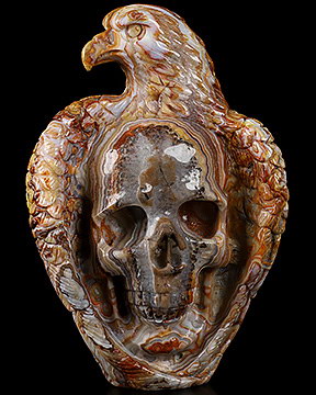 Original 7.5" Red Crazy Lace Agate Carved Crystal Skull & Eagle, Crystal Healing