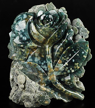 5.9" Ocean Jasper Carved Double Crystal Skulls & Rose Sculpture, Crystal Healing