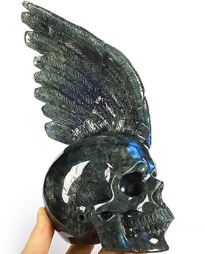 7.7" Labradorite Carved Crystal Skull & Wings, Realistic