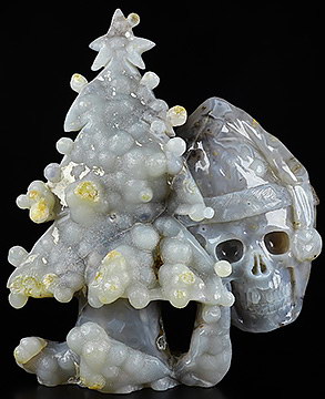 9.7" Agate Geode Carved Crystal Skull and Christmas Tree, Crystal Healing