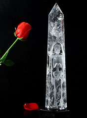 Titain 12.6" Quartz Rock Crystal Skeleton Carved Crystal Skull with Black Obsidian Stand