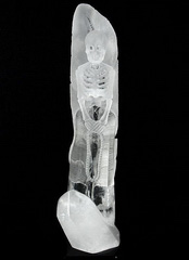 May 19, 2015 ACSAD (A Crystal Skull a Day) - The Feather of Truth - Quartz Rock Crystal Skeleton with Prayer Beads and Feather Carved Crystal Skull with Black Obsidian Stand