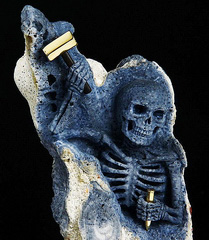 May 31, 2015 ACSAD (A Crystal Skull a Day) - Self Discovery - Blue Ridge Coral Carved Crystal Skull Skeleton with 18K Gold Plated 925 Sterling Silver Hammer and Chisel Sculpture with Black Obsidian Stand