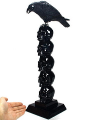 Ascendance - Black Obsidian & 925 Sterling Silver Carved Crystal Skulls and Raven with Opal and 925 Sterling Silver Feet Sculpture