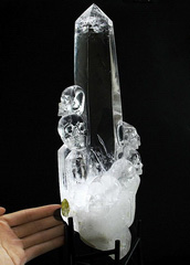 May 28, 2015 ACSAD (A Crystal Skull a Day) - Reunification - Quartz Crystal Carved Crystal Skulls Lighted Sculpture with Stand