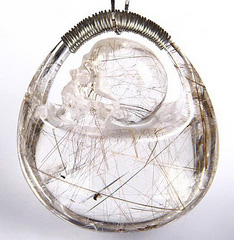 Gemstone Rutilated Quartz Rock Crystal & 925 Sterling Silver Carved Crystal Skull Pendant with 925 Sterling Silver