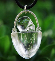 Gemstone Rutilated Quartz Rock Crystal & 925 Sterling Silver Carved Crystal Skull Pendant with 925 Sterling Silver