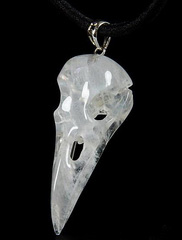 Amazing Flash Gemstone Moonstone Carved Crystal Raven Skull Pendant with Sterling Silver