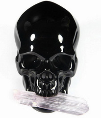 Nice 4.1" Black Obsidian Carved Crystal Skull with Gemstone Kunzite Slice