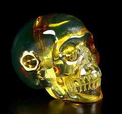 Gemstone Dominican Blue Amber Carved Crystal Skull Pendant with 18K Gold