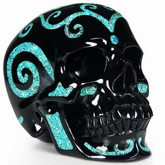 Captivating Black Obsidian with Turquoise Inlay Carved Crystal Skull Sculpture