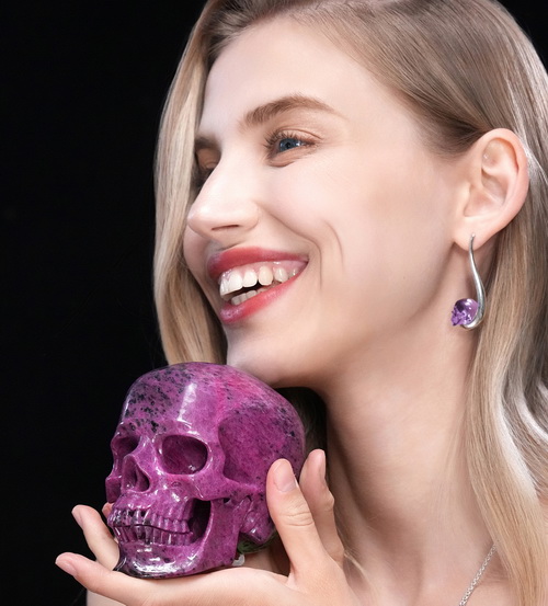 Amazing Gemstone Huge 4.8" Ruby Zoisite Carved Crystal Skull, Super Realistic