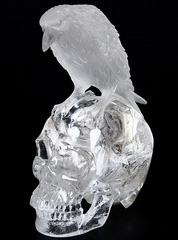Giant 8.9" Quartz Rock Crystal Carved Crystal Skull & Raven Sculpture