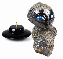 Amazing Gemstone 6.6" Coral Fossil Carved Crystal Alien Sculpture & Labradorite Eyes & Black Obsidian UFO Stand