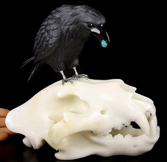 Original Titan 8.4" Black Obsidian Carved Crystal Raven with Opal in Mouth, Standing on Wolf Skull Sculpture, Crystal Healing